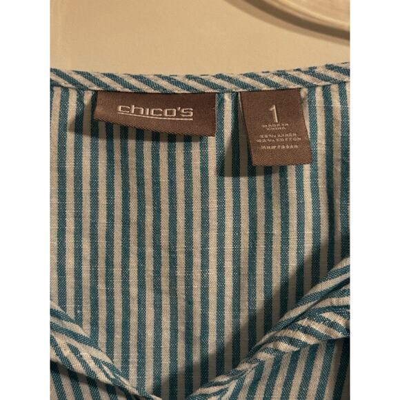 Chico's Pullover Tunic Top Sz 1 M Teal White Stripe Linen Blend Beach Resort - Picture 3 of 10